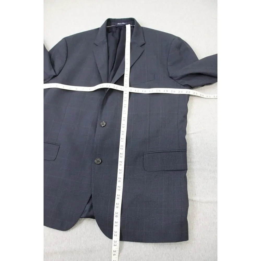 Lands' End‎ Blazer Mens 46R Navy Blue Plaid 100% Wool Tailored Fit 2-Buttons